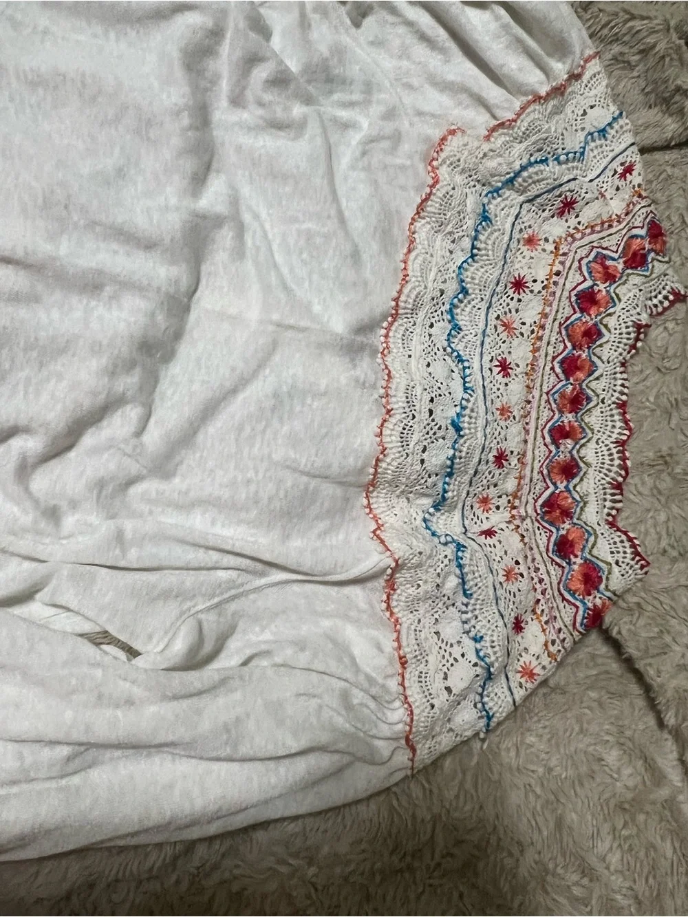 Free People White Long Sleeve Embroidered Crochet Yoke Top